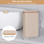 65L Slim Laundry Hamper, Narrow Laundry Basket with Lid,Foldable Clothes Hamper with Bamboo Handles,Hamper Basket with Removable Inner Bag for Laundry Room Bedroom College Dorm,Oatmeal