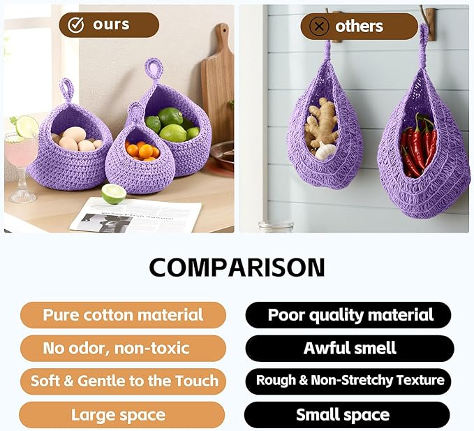 Hanging Storage Baskets Boho Decor Set of 3, Handmade Cotton Rope Wall-Mounted Fruit & Vegetable Baskets, Decorative Hanging Organizers for Kitchen, Entryway, Bathroom & Bedroom