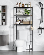 Kitsure Over The Toilet Storage Rack - Freestanding Over The Toilet Storage Cabinet with Paper Holder & Hooks, Bathroom Organizers and Storage, Brown + Black, 3 Tiers (61" H)