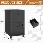2 Drawer File Cabinet on Wheels, Mobile Two Drawer Filing Cabinet with Lock, Small Rolling Files Cabinets for Under Desk, Metal Filing Cabinets for Letter Size Folders - Assembly Required