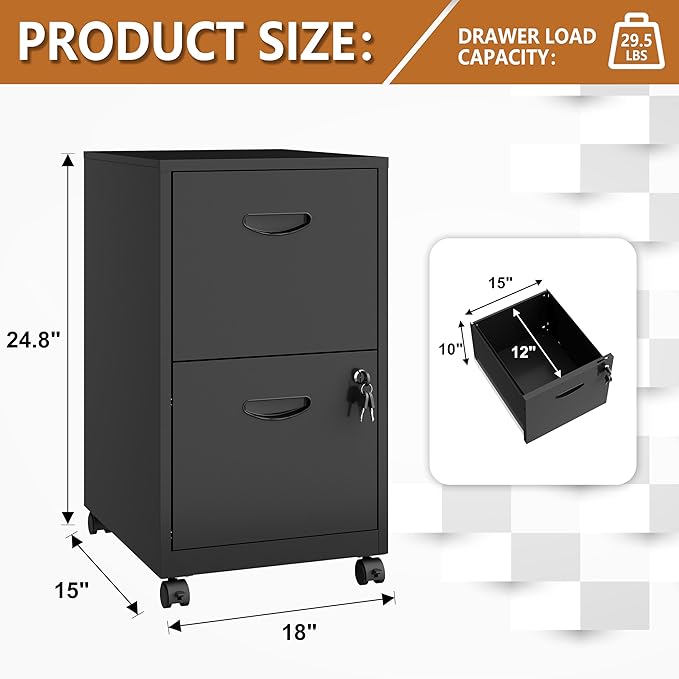 2 Drawer File Cabinet on Wheels, Mobile Two Drawer Filing Cabinet with Lock, Small Rolling Files Cabinets for Under Desk, Metal Filing Cabinets for Letter Size Folders - Assembly Required