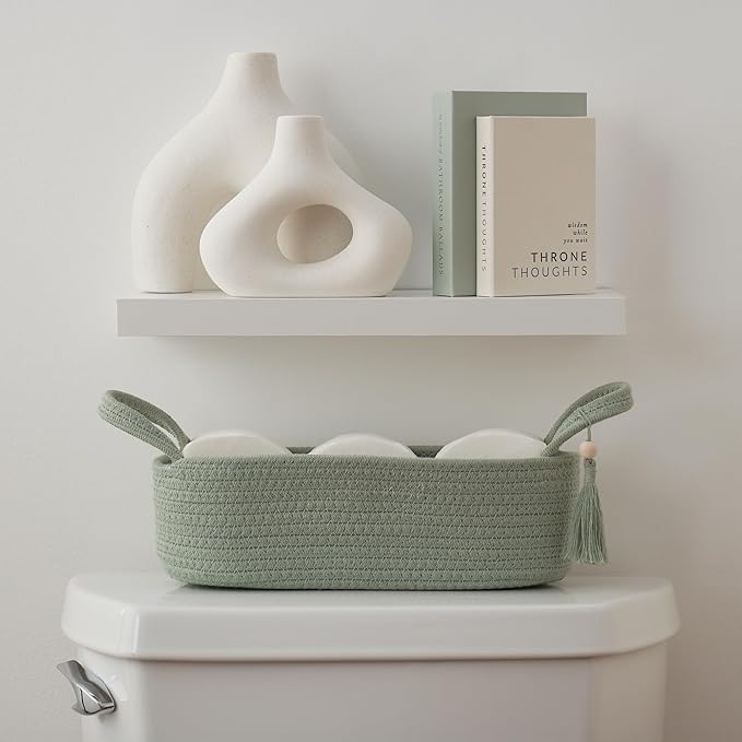 Decorative Toilet Paper Basket – Beautiful Bathroom Organizer for Toilet Tank Storage Decor – Boho Cotton Rope Bin with Tassel for Bathroom Accessories and as Shelf Decor (sage Green)