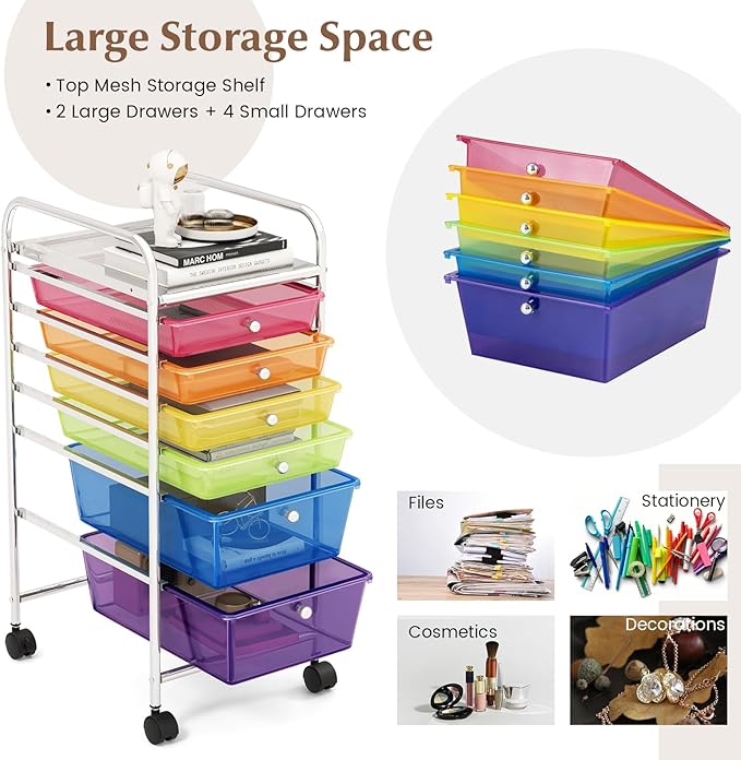GOFLAME 6-Drawer Rolling Storage Cart, Multifunctional Art Craft Organizer Cart, Mobile Utility Storage Cart with Removable Drawers & Lockable Wheels, Craft Cart for Home Office, Rainbow