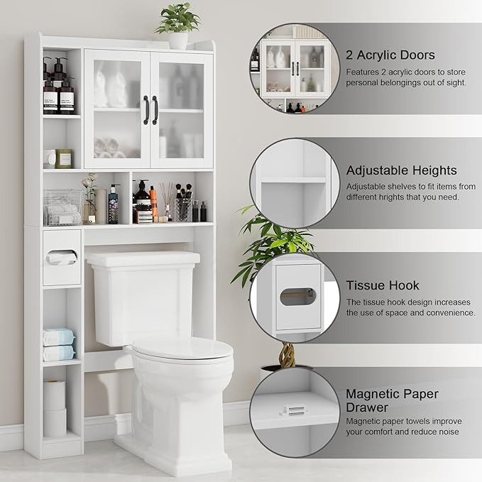Vabches Over The Toilet Storage Cabinet, Farmhouse Storage Cabinet Over Toilet with Acrylic Doors，Home Space-Saving Toilet Rack, for Bathroom, Restroom, Laundry, White