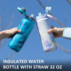 GREYLOCK 24 oz Insulated Water Bottle with Straw Lid, Leakproof Reusable Stainless Steel Vacuum Flask, 24hr Cold & Hot, Carry Handle & Silicone Spout, BPA-Free for Gym, Hiking, Travel,Purple