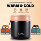 Eadali 15.2oz Kids Food Jar for Hot Food – Vacuum Insulated Lunch Container with 316 Stainless Steel Interior, Leakproof Wide Mouth & Foldable Spoon for School Meals