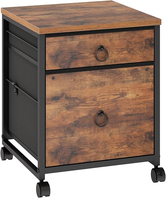 HOOBRO File Cabinet, 2-Drawer Vertical Mobile Office Cabinet, Rolling Printer Stand, for A4/Letter Size Files, Nonwovens Drawer, for Home Office, Rustic Brown BF21WJ01