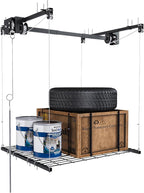 Hanging Garage Ceiling Storage Racks, Adjustable Overhead Garage Storage Lift, Mounted 4×4 FT Heavy-Duty Steel Platform for High Ceilings 10–12 FT, Supports 250 lbs for Everyday Use