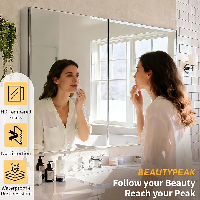 BEAUTYPEAK Bathroom Medicine Cabinet Mirror with Storage, 40 Inch x 26 Inch Silver Medicine Cabinet with Double Door & Adjustable Shelves for Vanity, Tempered, Aluminum Surface, Wall-mount or Recessed
