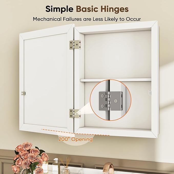 Antok Medicine Cabinet with Mirror 15x19 inch, Wall-Mounted Bathroom Mirrors with Storage Modern, in Recessed Vanity Medicine Cabinets Door Wooden Frame Shelf Surface Mount Over Sink Organizer, White