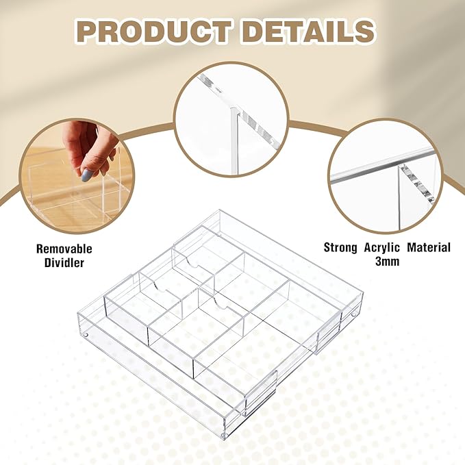 2 Pcs Acrylic Desk Drawer Organizer Maximum 12 x 18 x 2.1 Inch Expandable Drawer Organizer Trays with 8 Adjustable Compartments Desk Accessories for Makeup Silverware Office Bathroom