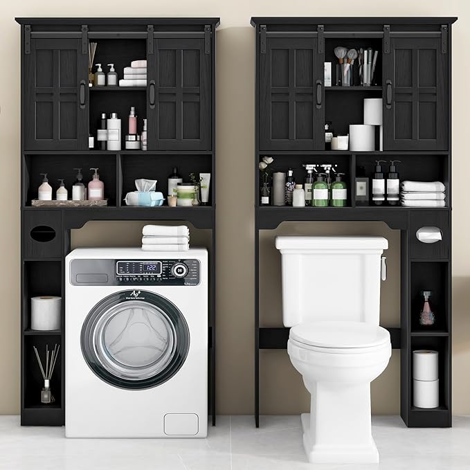 Vabches Farmhouse Over The Toilet Cabinet with Sliding Doors, Home Space-Saving Toilet Rack with Toilet Paper Holder Stand and Open Storage Shelf, for Restroom, Bathroom, Laundry.Pure Black