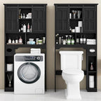 Vabches Farmhouse Over The Toilet Cabinet with Sliding Doors, Home Space-Saving Toilet Rack with Toilet Paper Holder Stand and Open Storage Shelf, for Restroom, Bathroom, Laundry.Pure Black