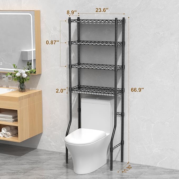 EAGMAK 4 Tier Over The Toilet Storage Rack, Bathroom Organizers and Storage Over Toilet with Adjustable Shelf and Basket, Above Toilet Storage Bathroom Cabinet for Small Space (Black)