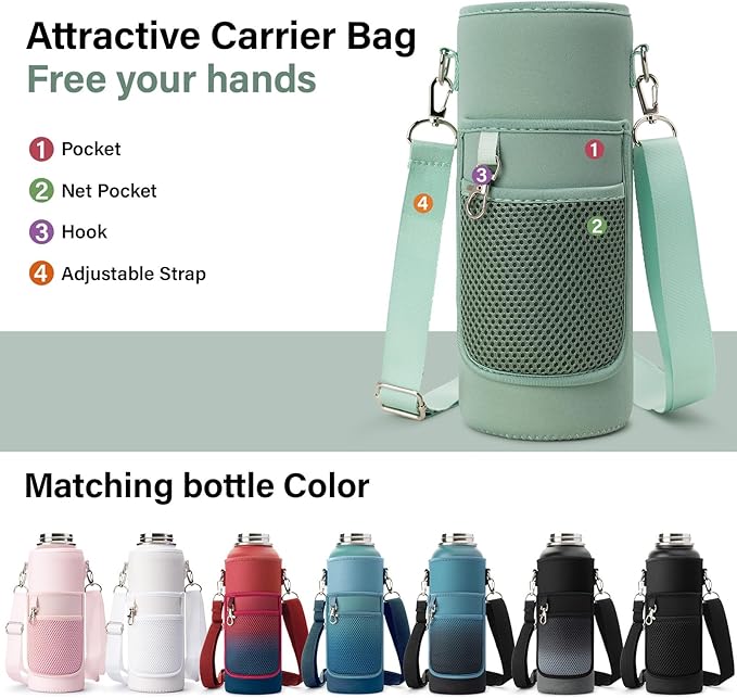 Insulated Water Bottle | Thickened Stainless Steel Vacuum Metal | Portable Sports Water Jug for Gym and Hiking with Straw, Carrier Bag, Handle Strap | BPA-Free 40 oz