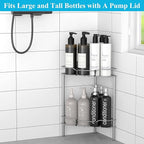 2 Tier Floor Standing Corner Shower Caddy Organizer Shelf with Hooks, Bathroom Shelves Stand Rack, Gray
