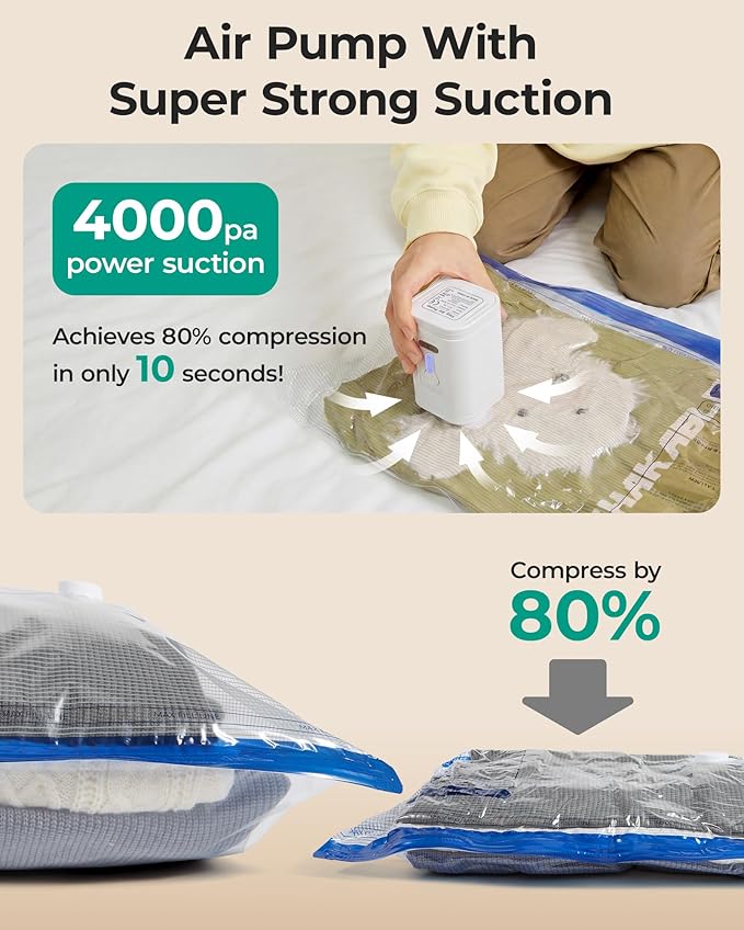 BAGSMART Vacuum Storage Bags for Travel with Rechargeable Air Pump, Portable Space Saver Bags for Travel & Home, Vacuum Compression Seal Bag for Clothing, Blanket, 12 Pack Pink