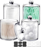 SheeChung 4-Pack Clear Acrylic Apothecary Jars with Labels - (2) 10oz & (2) 12oz Qtip Holder Set - Shatterproof Bathroom Vanity Organizer for Cotton Swabs, Balls, Pads - Minimalist Decor
