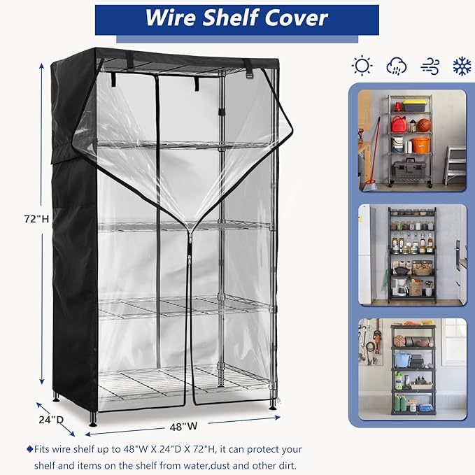 Wire Shelf Cover,600D Heavy Duty 100% Waterproof Shelf Covers for Wire Shelving,Outdoor Storage Shelves Cover for Metal Rack,48" W x 24" D x 72" H,Black with Clear Front