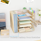 Desk Organizer, 5-Tier Paper Letter Tray Organizer with File Holder, Drawer and Pen Holder, Desktop Organizer for Office Supplies, Gold