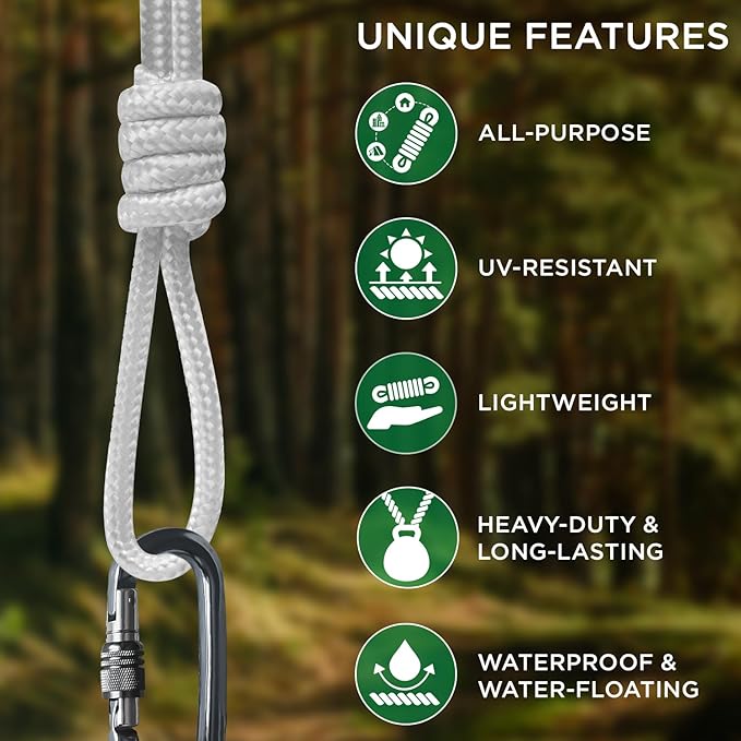 TECEUM Rope – 150 Feet x 1/4 Inch (7mm) – White – Strong All-Purpose Utility Rope – Camping, Crafting, Flag Pole, Indoor & Outdoor – Polypropylene Nylon Poly Lightweight Diamond Braided Cord