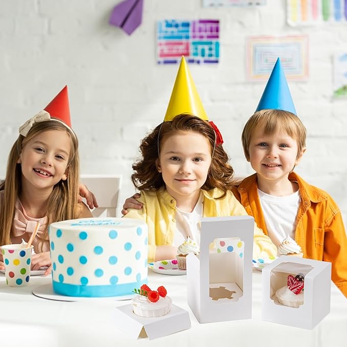 BOOMIBOO 75 Pack Individual Cupcake Containers, Cupcake Boxes with Window, Food Grade Cupcake Holders with Inserts, Stackable Deep Cupcake Carrier (White)