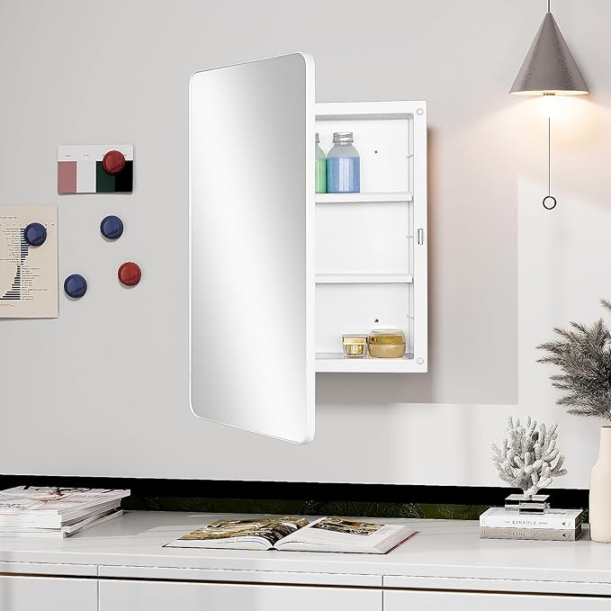 Fundin White Plastic Medicine Cabinet, Mirror Door with Round Corner Metal Frame, Recessed and Surface Mount Bathroom Wall Medicine Cabinet, 16 x 24 inch Mirror Size