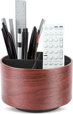Hennaja Round Leather Art Supply Organizer,Remote Control Holder,360 Degree Spinning,Multi-Functional Pencil Holder,4 Compartments Desktop Stationary Organizer(1-Light Brown2)