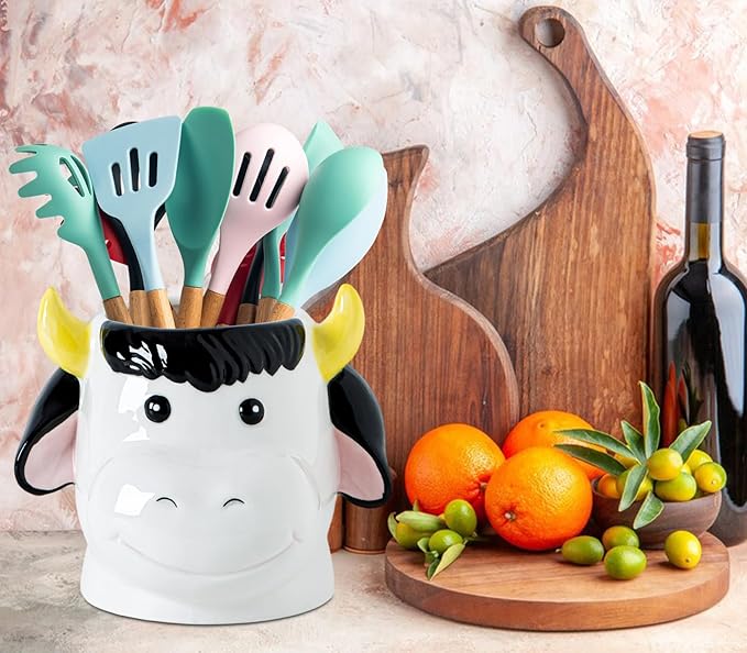 Cow Kitchen Utensil Holder For Countertop Ceramic Utensil Crock For Kitchen Countertop, White Pink Decor Cute Farmhouse Storage Organizer For Forks, Spoons & Cooking Tools