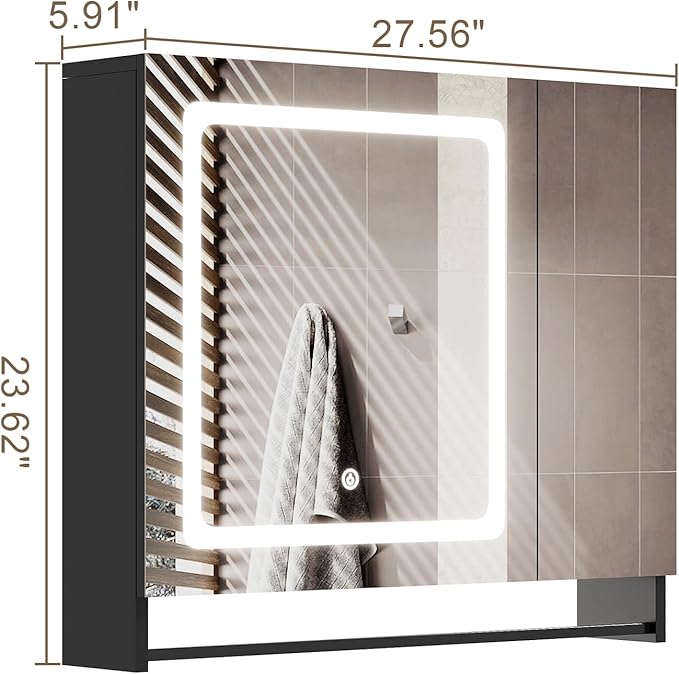 ChooChoo Bathroom Medicine Cabinet with Mirror, Modern Mirror Cabinet with LED Lights, Bathroom Wall Cabinet with Adjustable Shleves, Towel Bar, Black