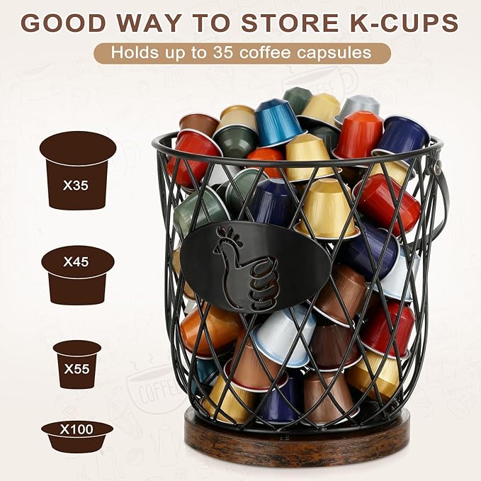 Egg Basket for Gathering Fresh Eggs, Round Egg Collecting Basket with Handle, Egg Holder Countertop Decor & K-Cup Organizer (Metal)
