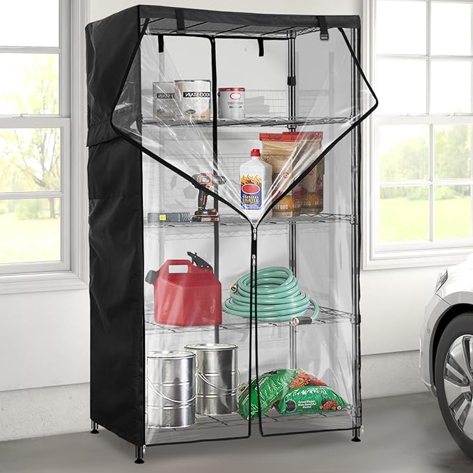 Wire Shelf Cover,600D Heavy Duty 100% Waterproof Shelf Covers for Wire Shelving,Outdoor Storage Shelves Cover for Metal Rack,48" W x 24" D x 72" H,Black with Clear Front