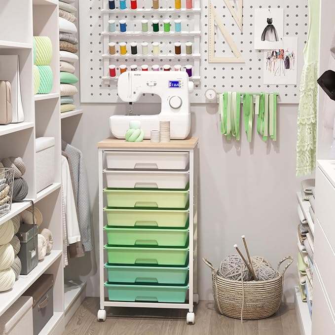 LABUK Rolling Storage Cart with Drawers Utility Cart Plastic Organizers for Classroom Dorm Office Bathroom, Makeup Palettes, Cosmetics, Nail Polish Organizer(Green)