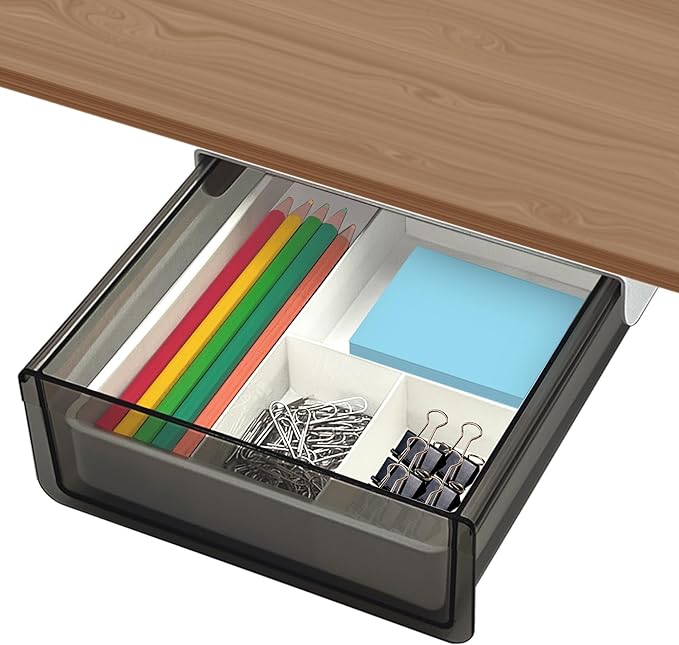 Under Desk Table Drawer Storage Organizer, Slide Out Drawer with 4 Compartments Divider,Pencil Storage Self-Adhesive Tray Under Table (M/Clear Black+White)