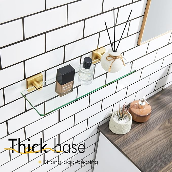 KOKOSIRI Floating Wall Shelf 16-Inch Bathroom Tempered Glass Shelves Shower Hanging Rack for Kitchen Storage Home Decor, Gold Stainless Steel B1107BG-L16