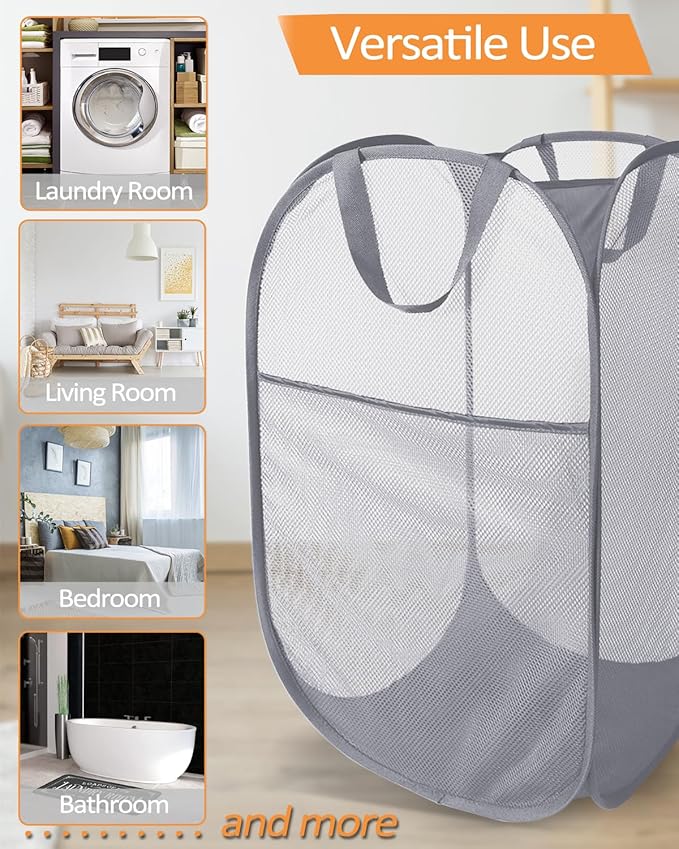 Durable Collapsible Laundry Baskets, Foldable Laundry Hamper with Side Pocket, Tear-resistant Clothes Hampers for Bathroom, Laundry, Kids Room, Dorm or Travel Grey