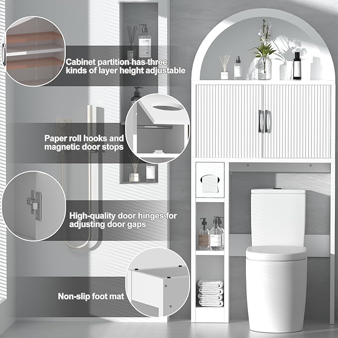 AHB Over The Toilet Storage Cabinet, Freestanding Bathroom Organizer with Adjustable Shelf and Anti-Tip Device, Arched Cabinet with Doors, Space-Saving Toilet Storage for Bathroom, Laundry, Mini Bar