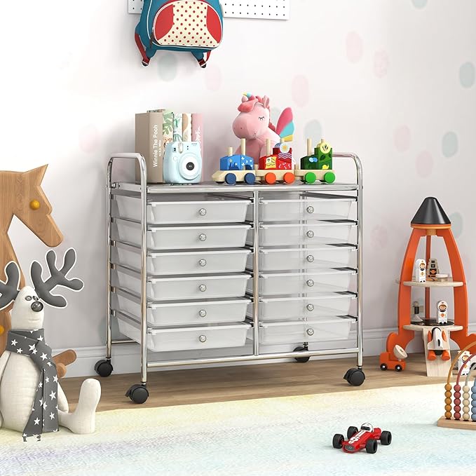 GOFLAME 12-Drawer Rolling Storage Cart, Multifunctional Art Craft Organizer Cart, Mobile Utility Storage Cart with Removable Drawers & Lockable Wheels, Craft Cart for Home Office School, Clear