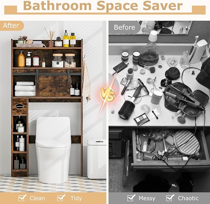 Giantex Over The Toilet Storage Cabinet, Farmhouse Space Saver with Sliding Door, Toilet Paper Holder, Side Hooks & Adjustable Shelves, Over Toilet Bathroom Organizer for Laundry, Restroom (Brown)