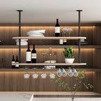 Ceiling Hanging Plant Stand Metal Wine Rack - LOFT Retro Iron Solid Wood , Wooden Hanging Wine Glass Holder, Ceiling Mounted Storage Rack, Industrial Ceiling Mount Shelves 2 Layer ( Color : Black , Si