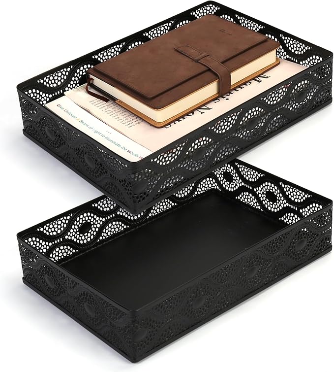 Desk Drawer Organizer, A4 Large Metal Mesh Desk Rrganizer Tray, Carved Hollow Floral Tray, Versatile Storage Box Set for Office Home Supplies,13x9x3 inches (Curved,2 PCS)