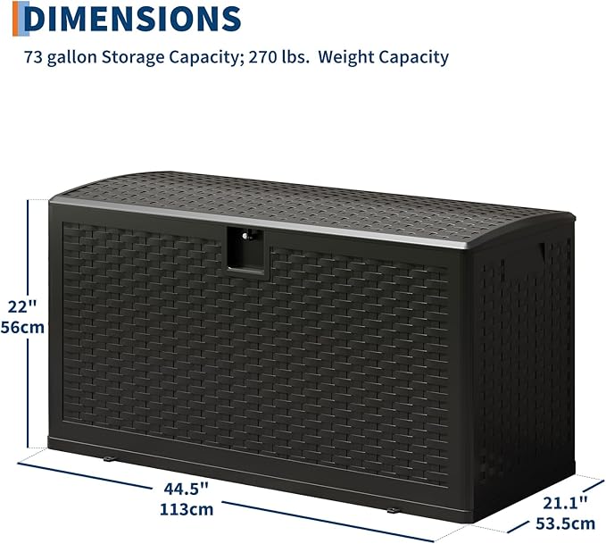 Garvee Outdoor Storage Box, 73 gal Large Waterproof Resin Deck Box Indoor Outdoor Use, Lockable UV Resistant Storage Bin for Patio, Garden, Cushions, Tools, Equipment, Black