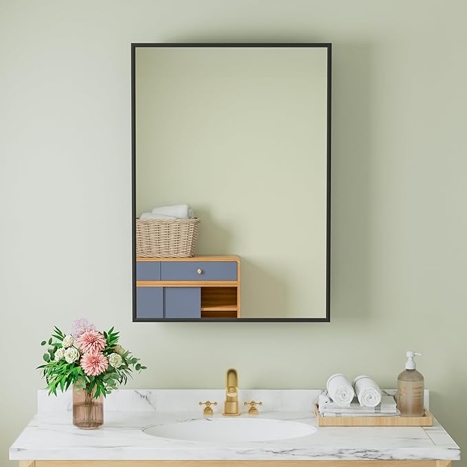Buruis 20" x 28" Framed Medicine Cabinet with Mirror, Recessed or Wall Mounted Bathroom Cabinet, Adjustable Tempered Glass Shelves, Left/Right Open Reversible, No Assembly Required, Black