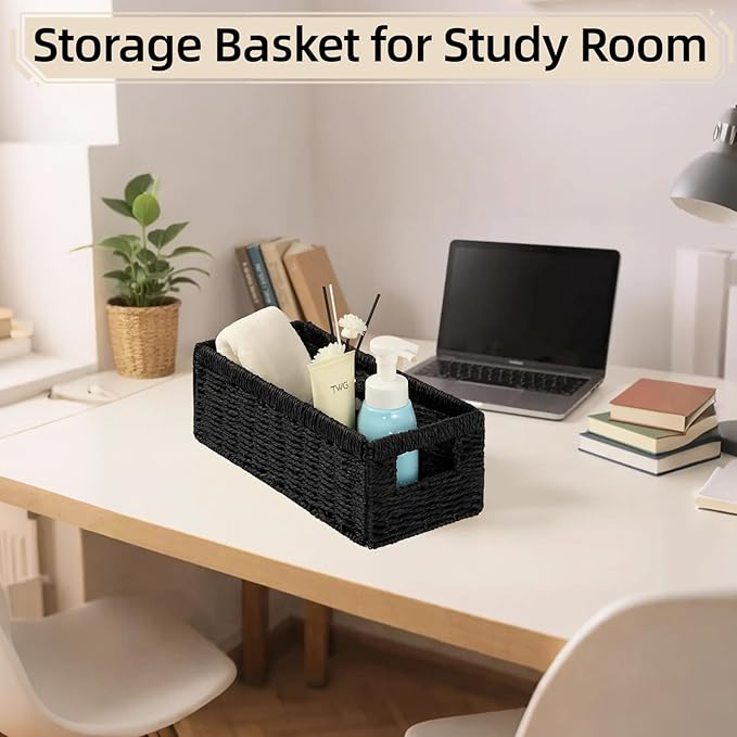 Paper Rope Storage Basket for Organizing, 2 Pack Foldable Wicker Storage Baskets with Handle,Decorative Large Storage Bins for Bathroom Countertop,Small Toilet Paper Basket for Toilet Tank Top