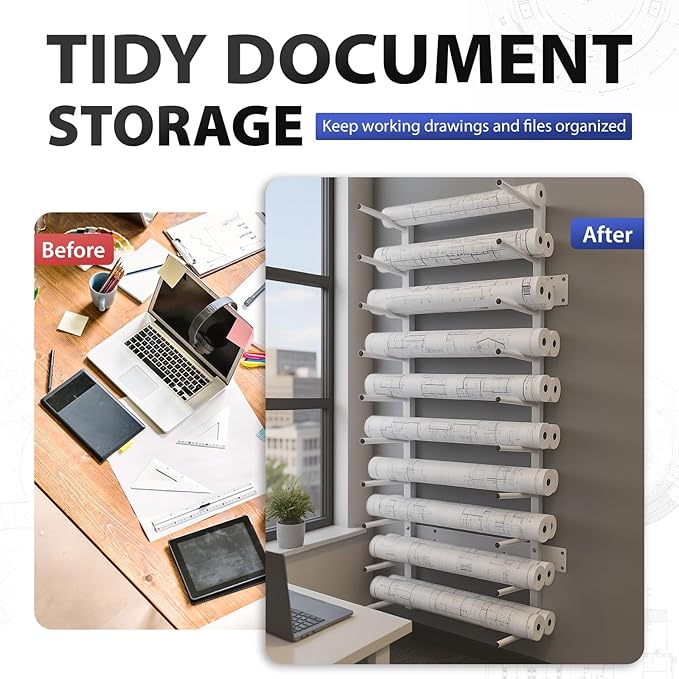 Wall Mount Blueprint Storage Rack Hanging File Roll Poster Display Rack Heavy Duty Roll File Holder for Construction Plan Posters Vinyl RollsHigh Map Capacity 320 lbs