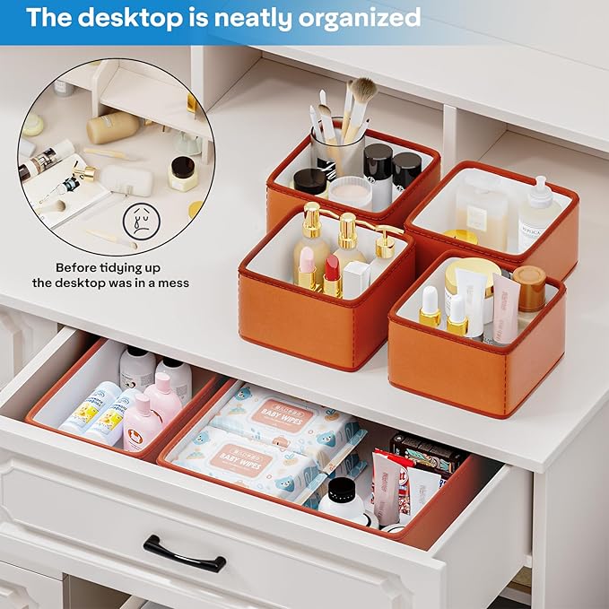 Vegan Leather Drawer Organizers,12 Pack Makeup Storage boxes,Vanity Drawer Luxury upgrade,Bedroom fabric Drawers replacement,bathroom organization and storage Optimal solution