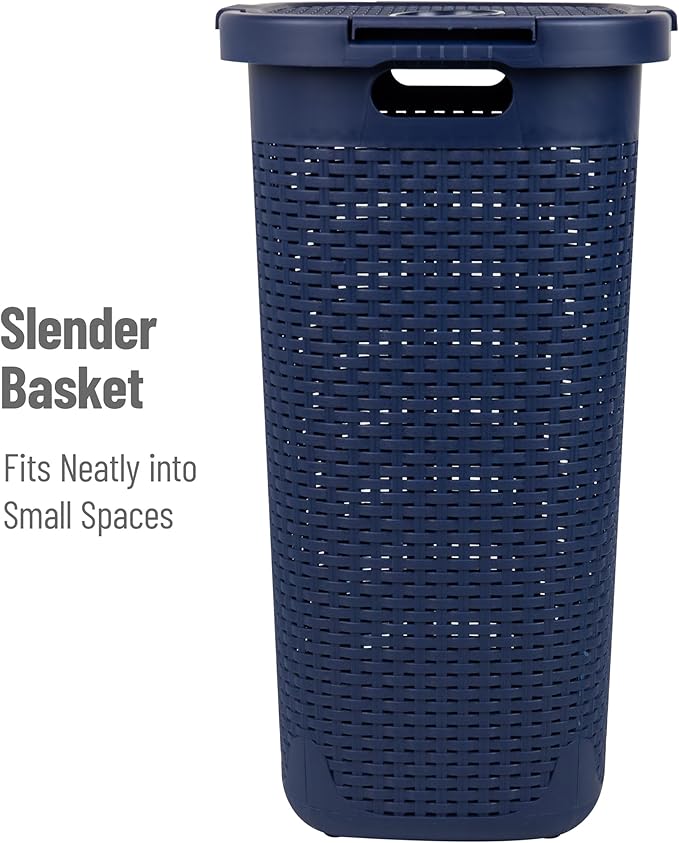 Mind Reader Slim Laundry Hamper with Lid, 60L Tall Clothes Basket, Narrow Tapered Design for Bathrooms, Closets and Laundry Rooms, Plastic, Navy