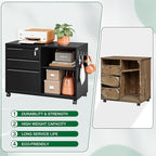 3 Drawer File Cabinet with Lock,Mobile Lateral Filing Cabinet with Side Hook for Letters/Legal/A4, Metal Printer Stand Storage Cabinets with Shelves for Home Office(Black)