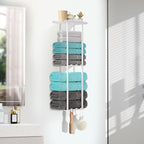 Towel Racks for Bathroom, 3 Tier Metal Towel Holder, with Shelf & 6 Hooks, 29 inch Wall Mounted Towel Storage, 6 Large Bath Towels Capacity,Small Bathroom Towel Rack for Rolled Towels, White