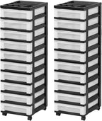 IRIS USA Plastic Drawer Storage Organizer Rolling Cart, 2-Pack, with Wheels Casters, 10-Drawers, for Classroom Art Craft Supplies Dresser Closet Bathroom Laundry Room, Black/Pearl